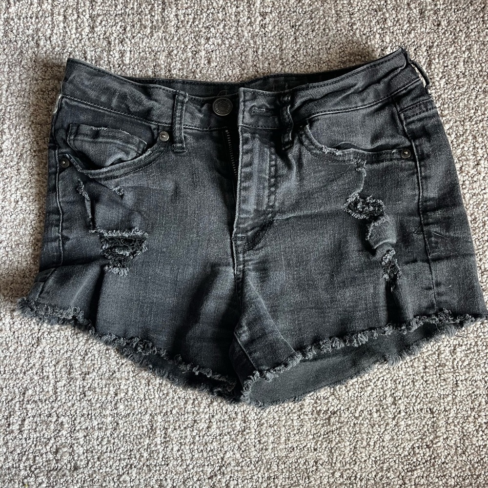 Aeropostale High Rise Denim Shorty Black Distressed Jean Shorts Size Womens 0